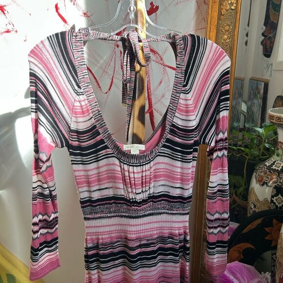 Guess Jeans Y2K Pink Striped Crochet Long Sleeve Dress L - Picture 2 of 16